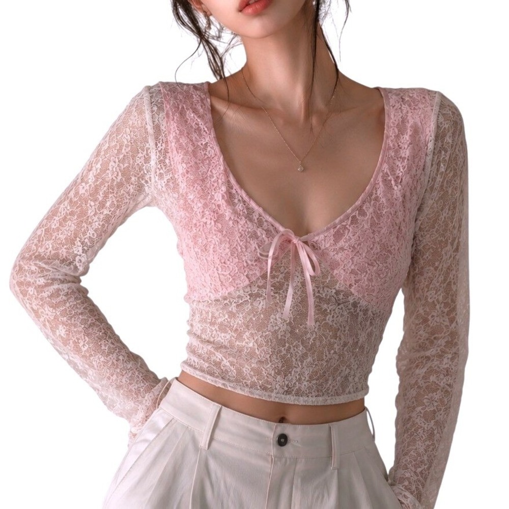 Unbranded Cottagecore Pink Floral Lace Long Sleeve Top with Ribbon Bow Detail M